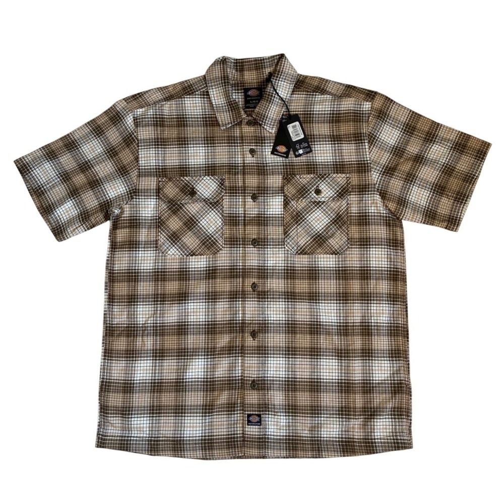 Dickies Skateboarding Mens Large Brown Plaid Short Sleeve Button Down Shirt NEW